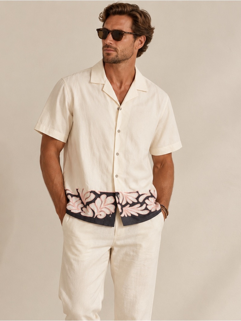 Murano Slim Fit Camp Collar Shirt Large Cream Embroidered Floral Border